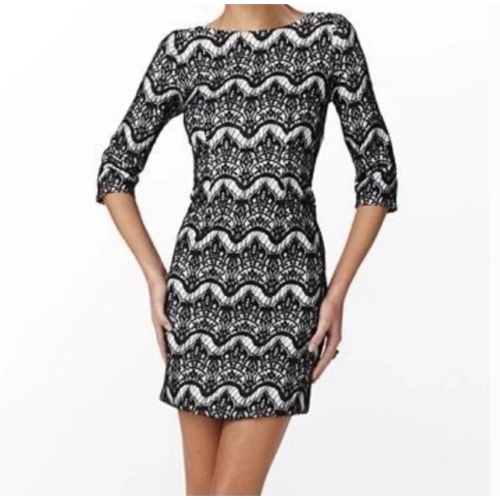 Lilly Pulitzer Nikola Lace Overlay Sheath Dress‎ Black White 3/4 Sleeve Small